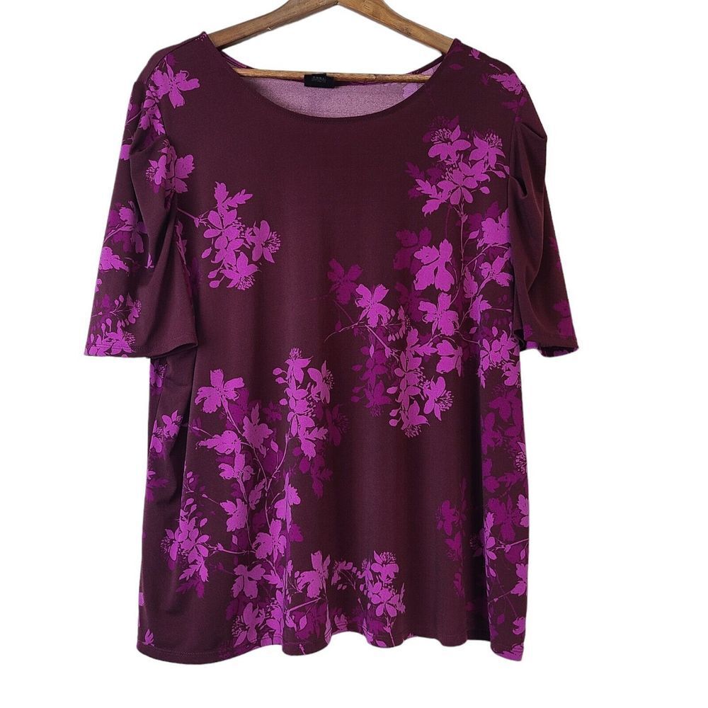 Worthington Women Plus Size 2X Floral Top Blouse Shades Of Purple Short Sleeve
